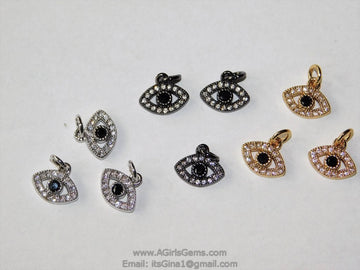 Tiny Evil Eye Charm, CZ Black Pave 9 x 11 mm Evil Eye Charms #97, Silver CZ Spinel Eye